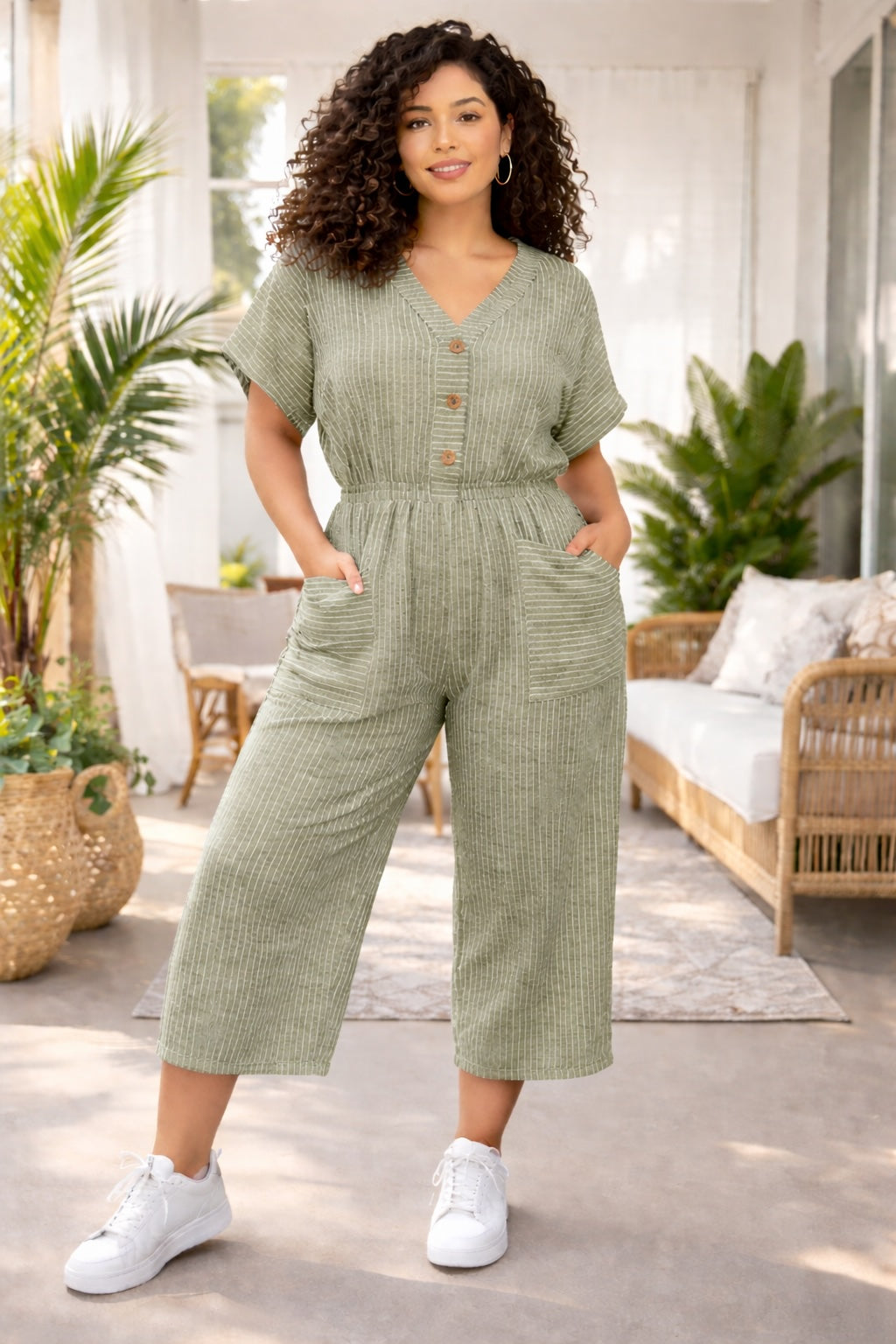 Women’s Striped Cotton Wide-Leg Button Detail Jumpsuit