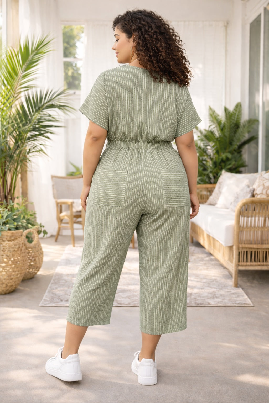 Women’s Striped Cotton Wide-Leg Button Detail Jumpsuit