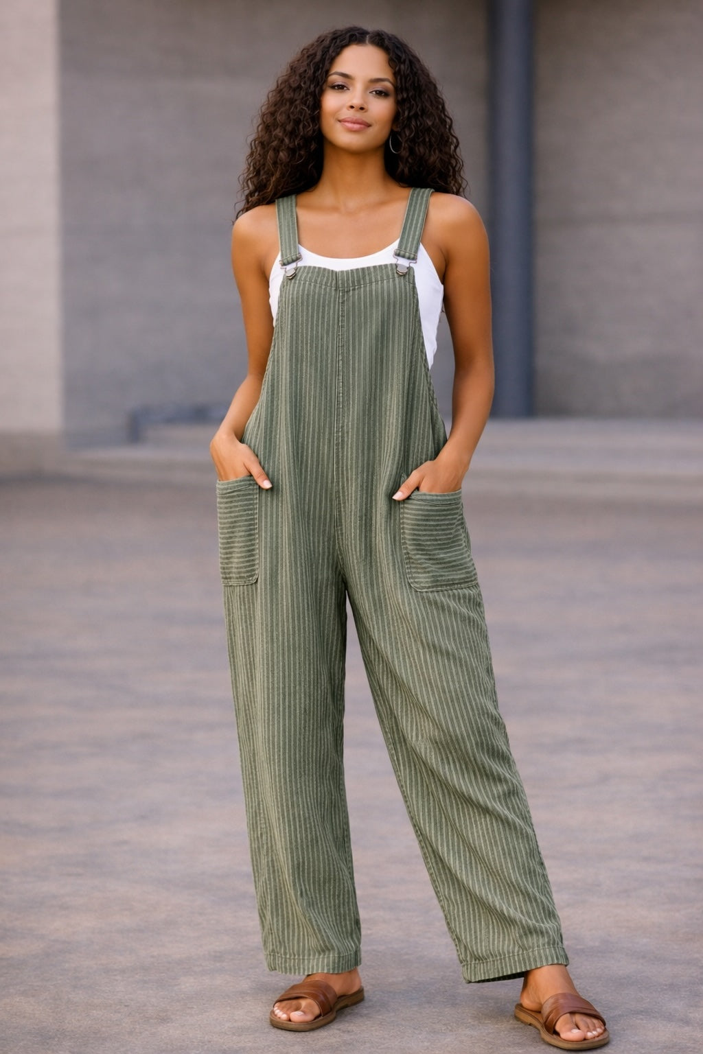 Women’s Stripy Cotton Dungarees Jumpsuit with Pockets