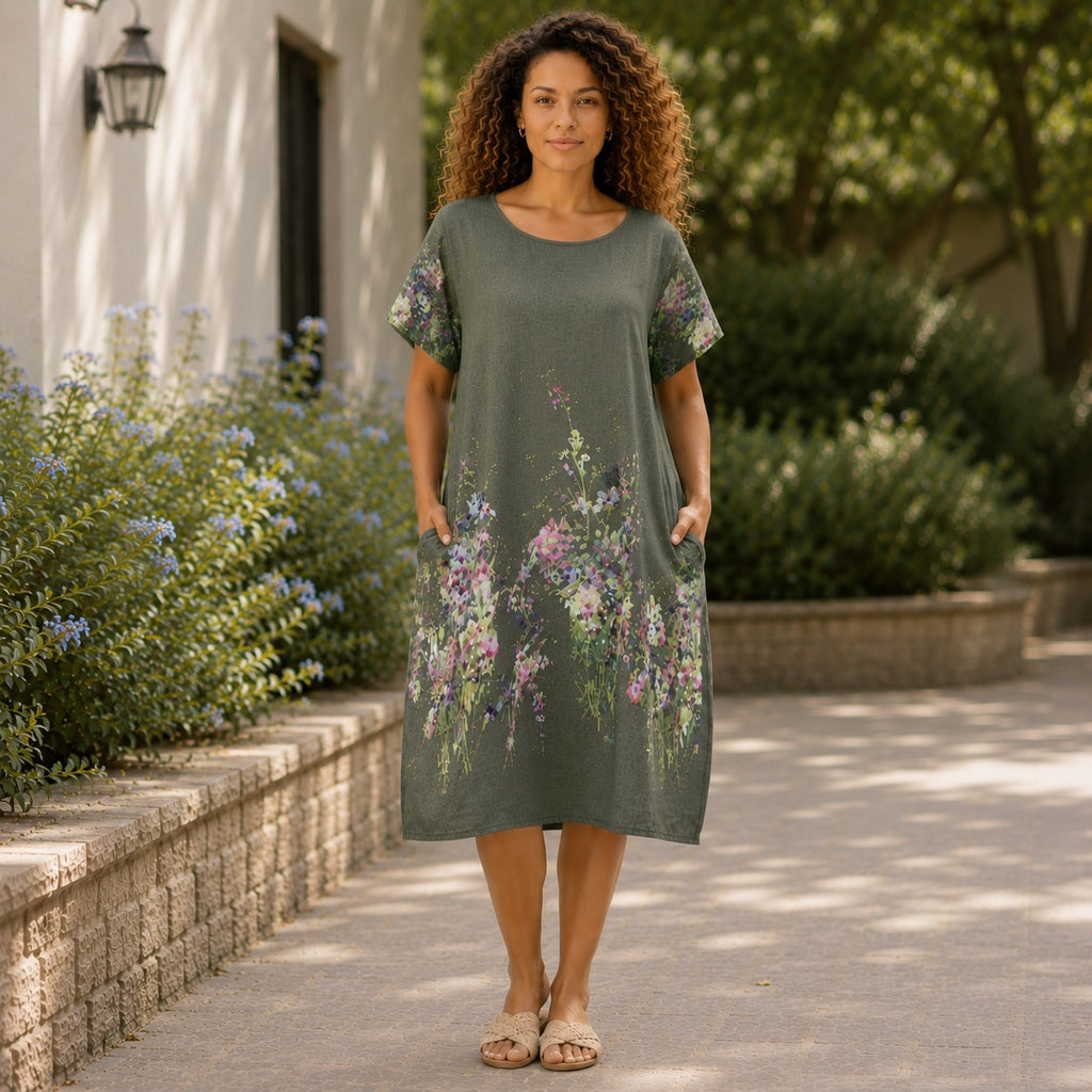 Women’s Floral Print Linen Tunic Short Sleeve Dress – Free Size