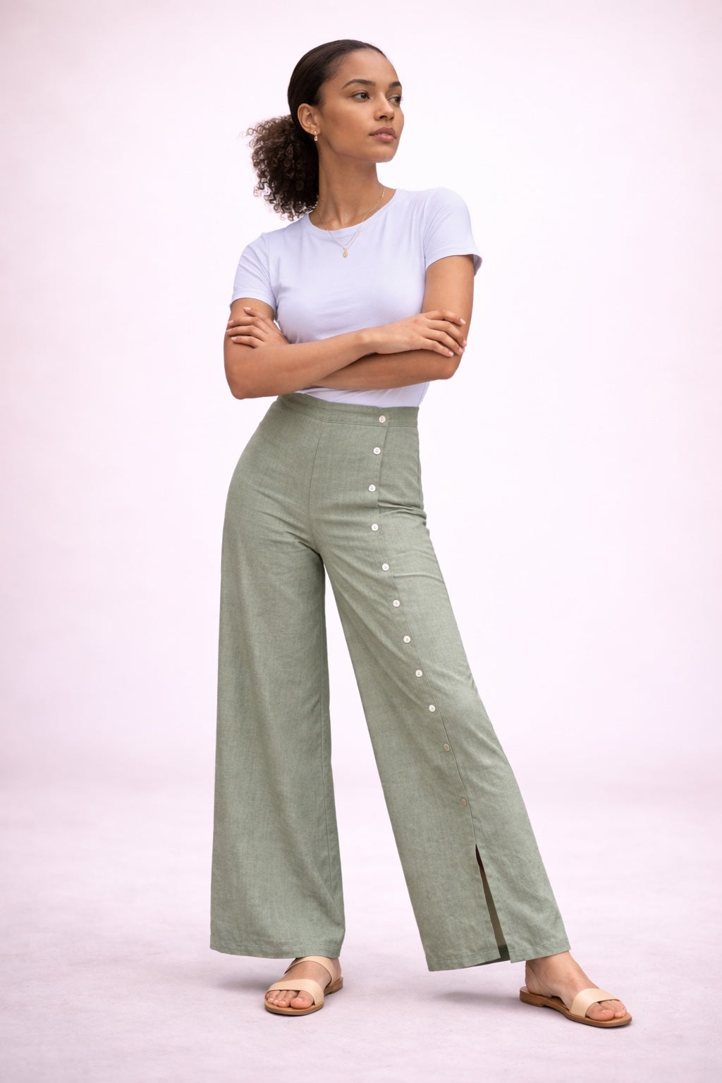 Women’s Button Detail Wide Leg Linen Blend Trousers