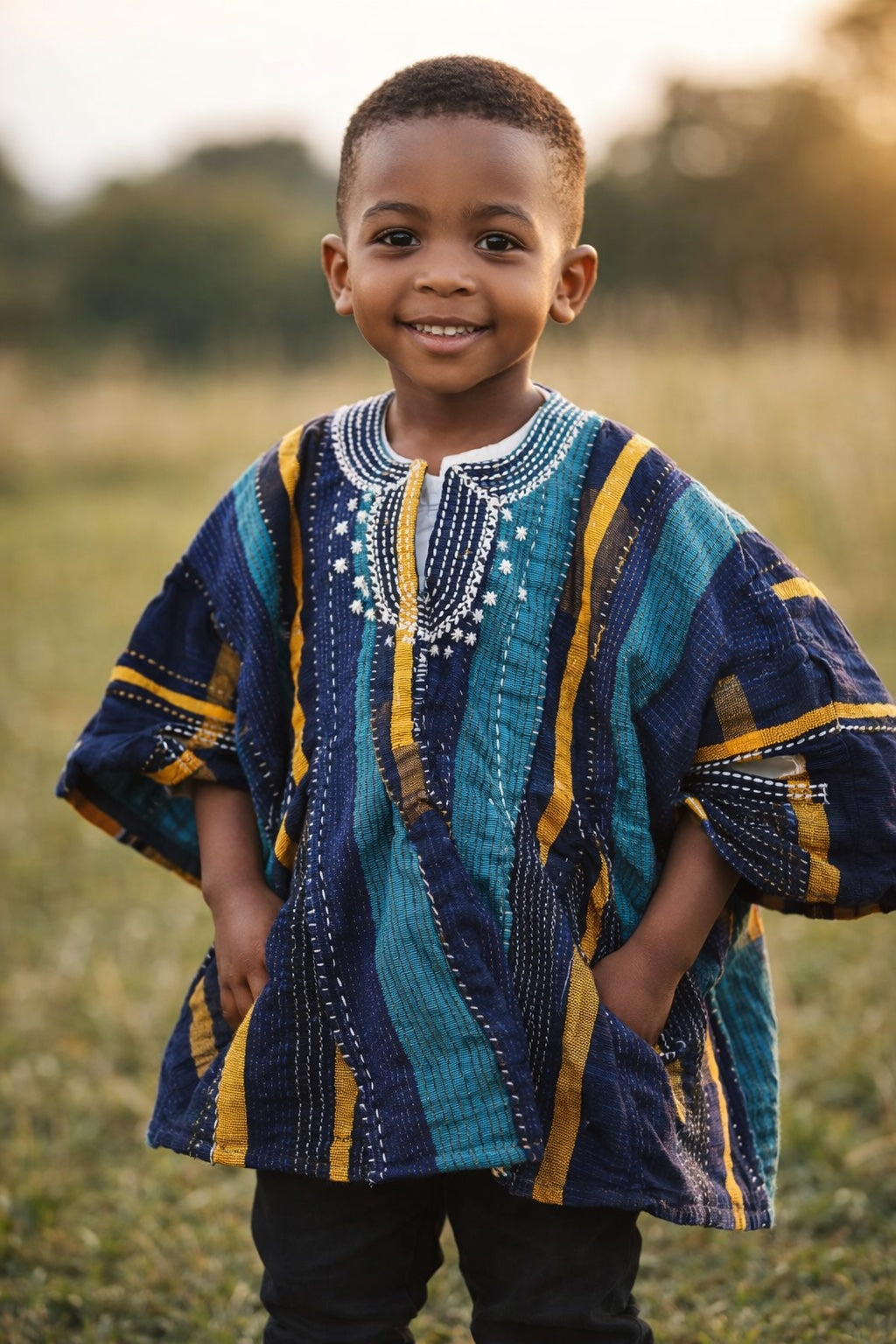 Handcrafted Kids African Fugu Smock – Blue Striped Traditional Batakari Top for Boys