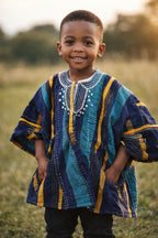 Handcrafted Kids African Fugu Smock – Blue Striped Traditional Batakari Top for Boys