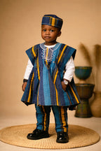 Handcrafted Kids African Fugu Smock – Blue Striped Traditional Batakari Top for Boys