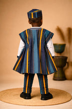 Handcrafted Kids African Fugu Smock – Blue Striped Traditional Batakari Top for Boys