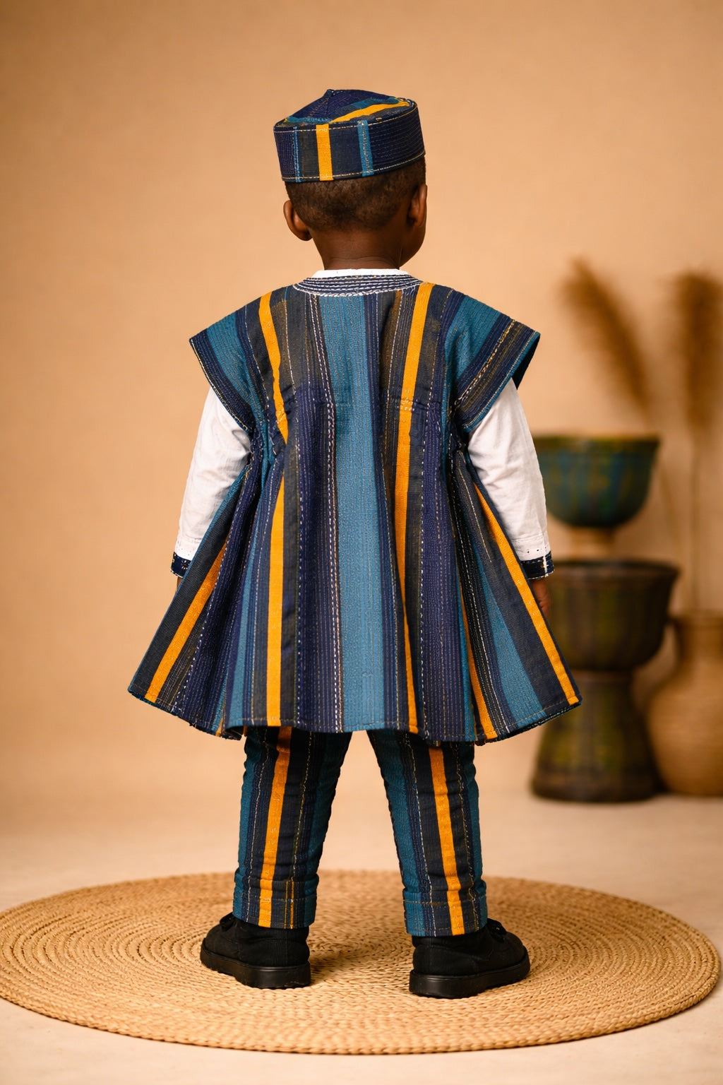 Handcrafted Kids African Fugu Smock – Blue Striped Traditional Batakari Top for Boys