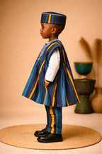 Handcrafted Kids African Fugu Smock – Blue Striped Traditional Batakari Top for Boys