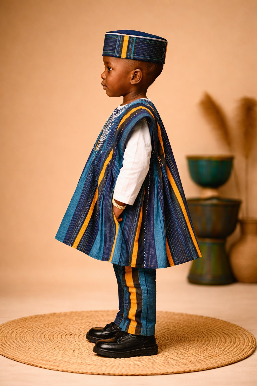 Handcrafted Kids African Fugu Smock – Blue Striped Traditional Batakari Top for Boys