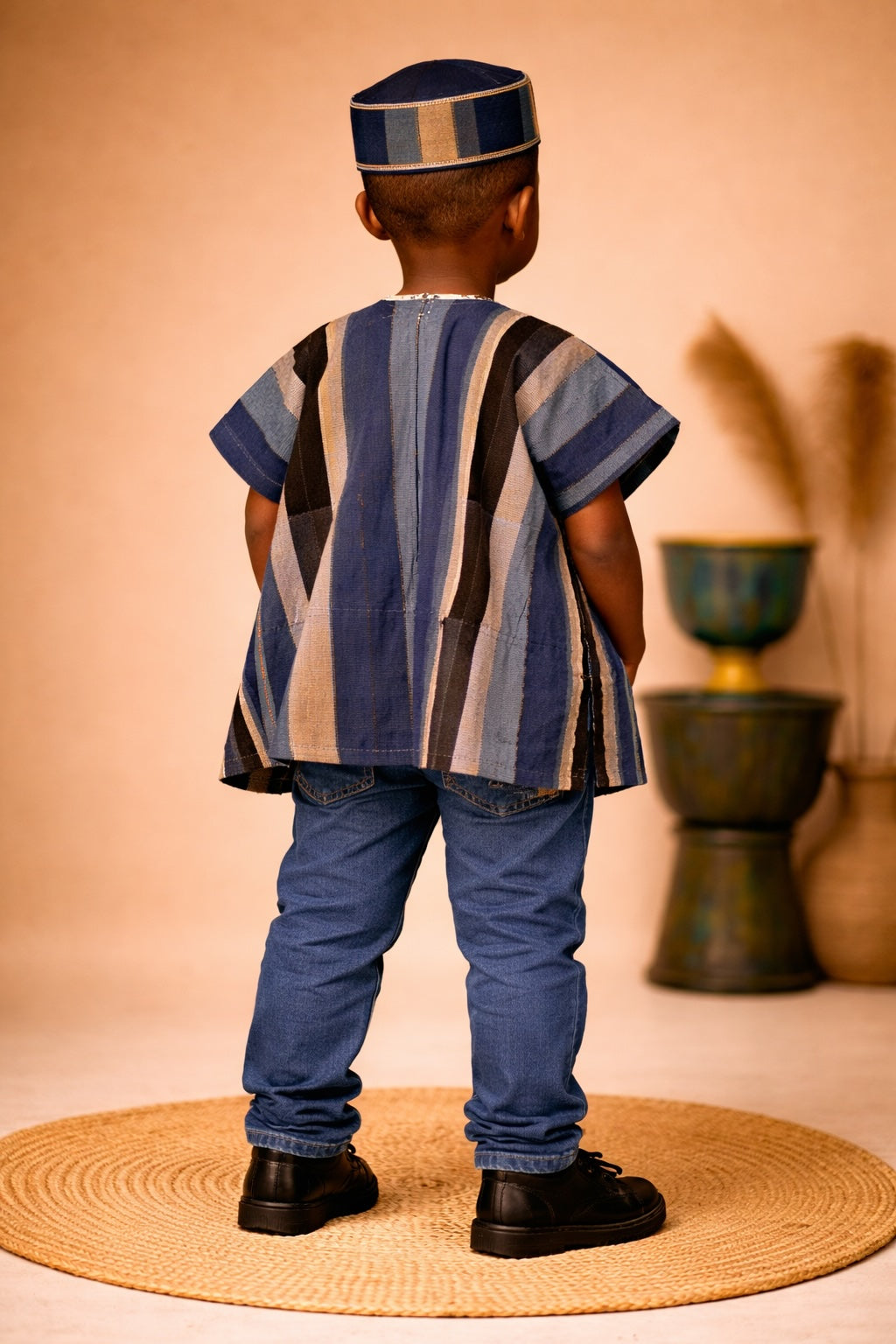 Kids African Fugu Smock Top – Blue and Grey Striped Traditional Batakari Shirt for Boys