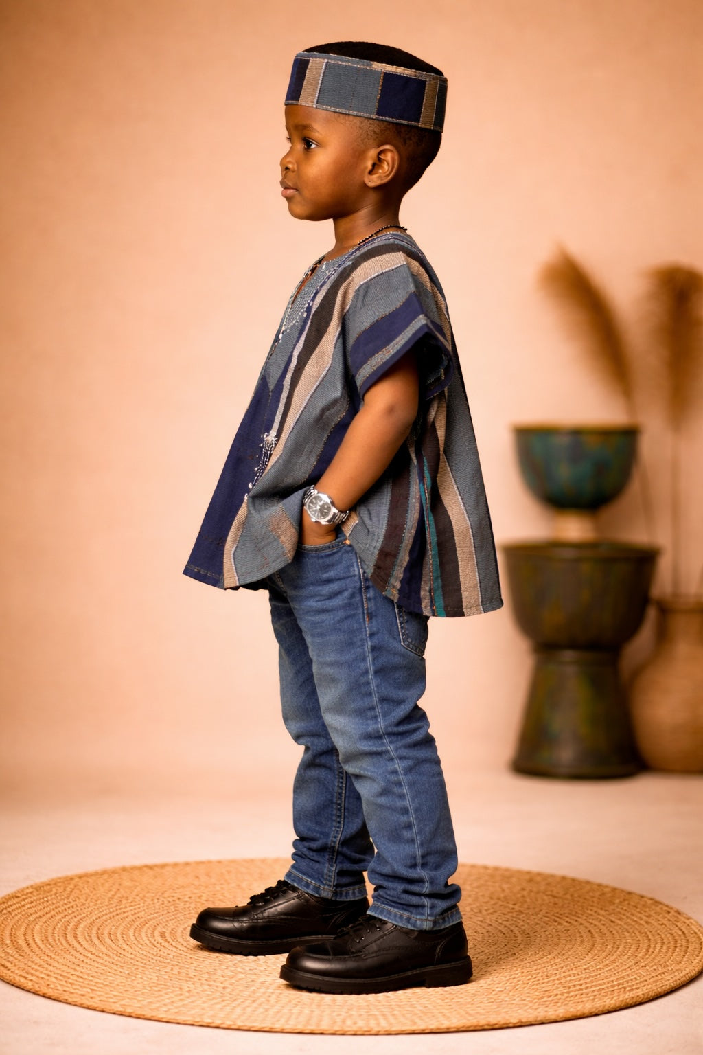 Kids African Fugu Smock Top – Blue and Grey Striped Traditional Batakari Shirt for Boys