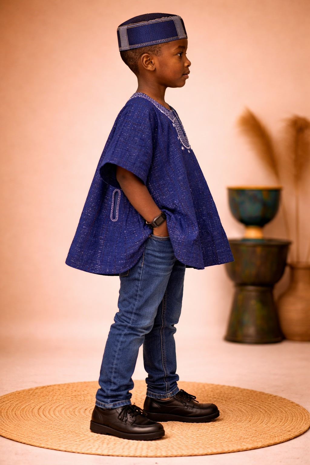 Kids African Fugu Smock Top – Navy Blue Traditional Batakari Shirt with Embroidery for Boys