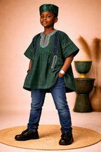 Kids African Fugu Smock Top – Deep Green Traditional Batakari Shirt with Embroidery for Boys