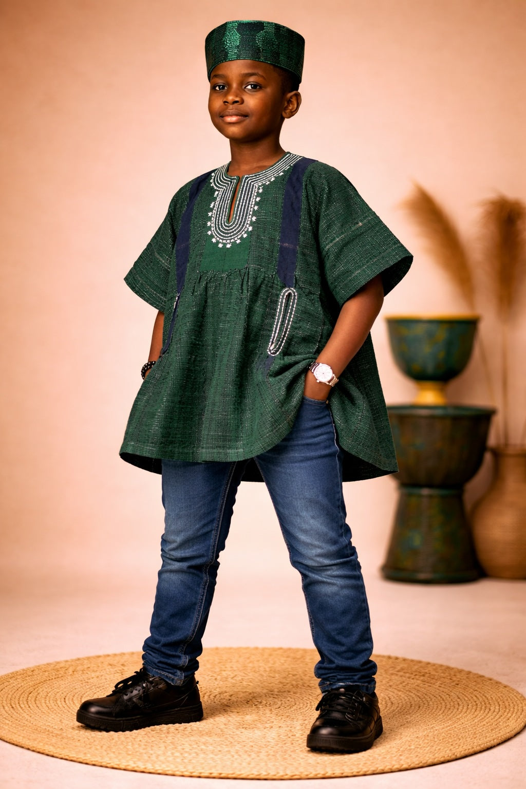 Kids African Fugu Smock Top – Deep Green Traditional Batakari Shirt with Embroidery for Boys