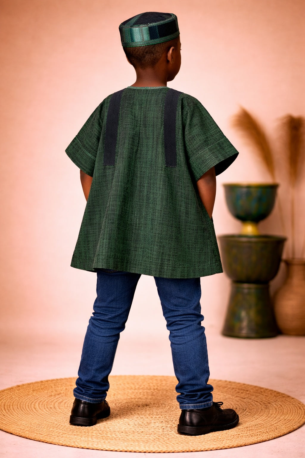 Kids African Fugu Smock Top – Deep Green Traditional Batakari Shirt with Embroidery for Boys