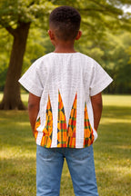 Kids African Fugu Smock Top – White with Kente Print Panel Traditional Batakari Shirt for Boys