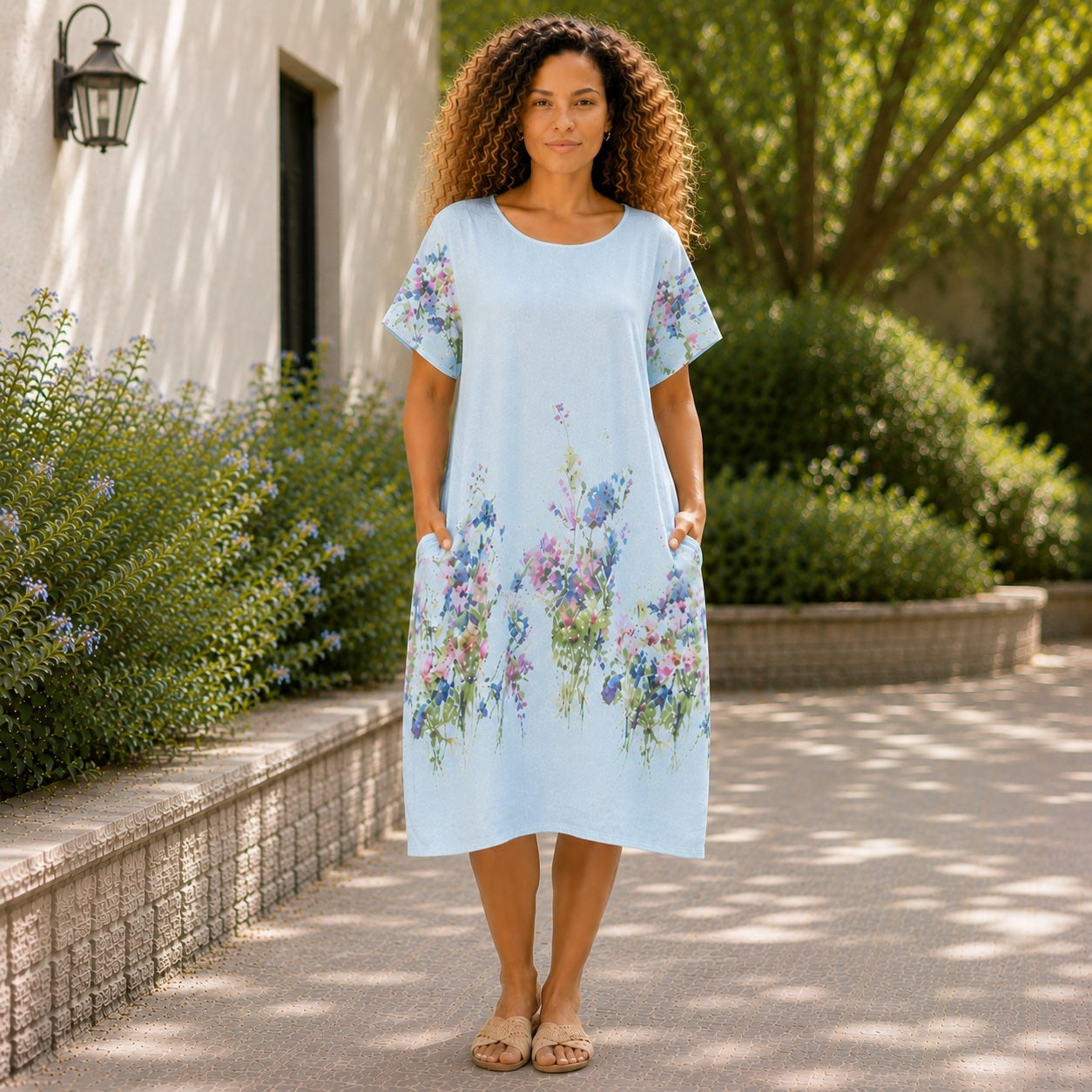 Women’s Floral Print Linen Tunic Short Sleeve Dress – Free Size