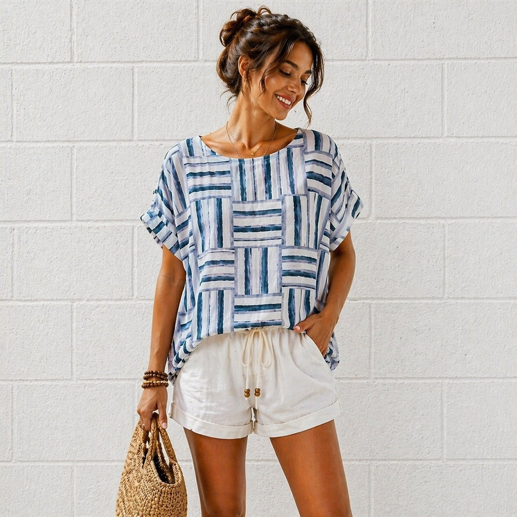 Women’s Geometric Stripe Print Cotton Top – Relaxed Summer Blouse