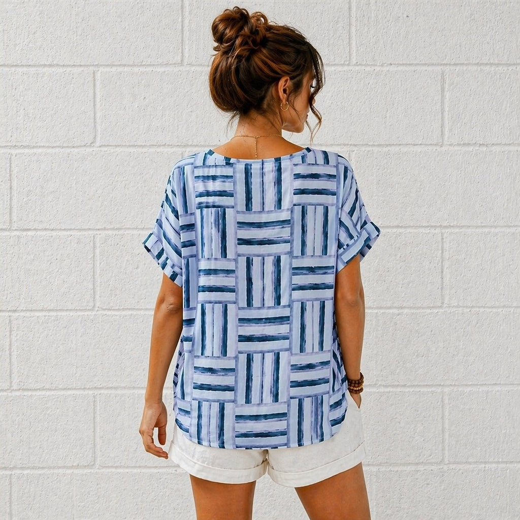 Women’s Geometric Stripe Print Cotton Top – Relaxed Summer Blouse