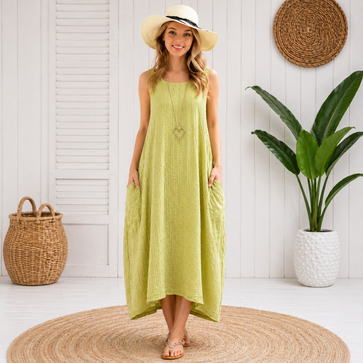 Women’s Stripy Cotton Sleeveless Dress – One Size Up to UK 18