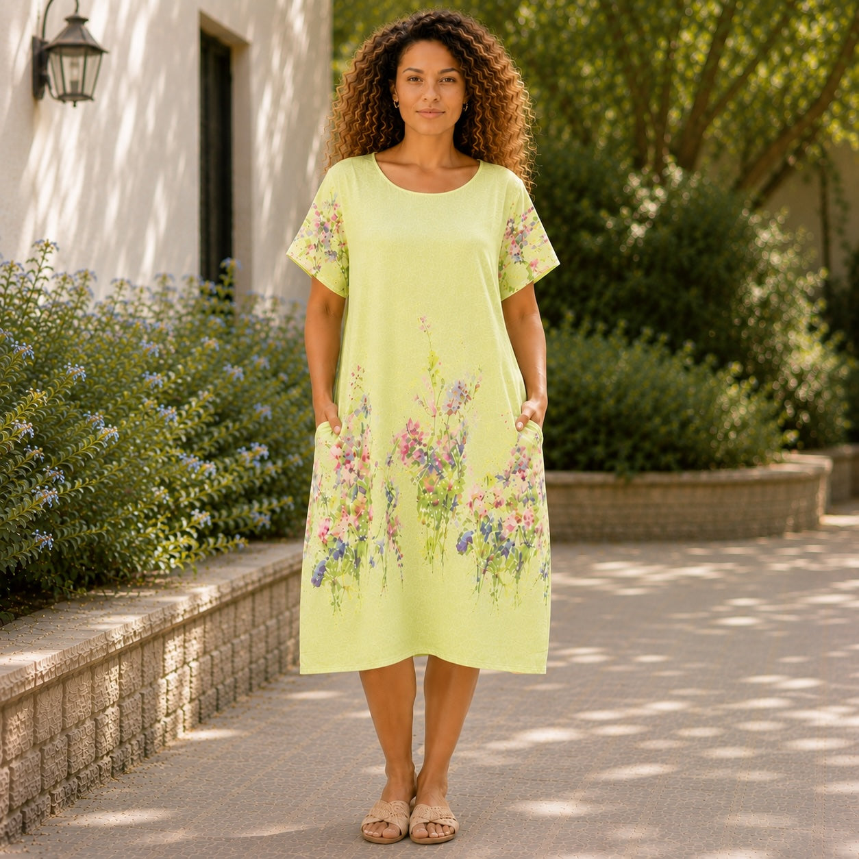 Women’s Floral Print Linen Tunic Short Sleeve Dress – Free Size