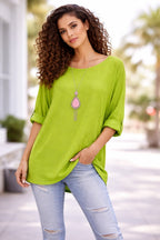 Women’s Cotton Necklace Top – Loose Fit Casual Tunic Blouse