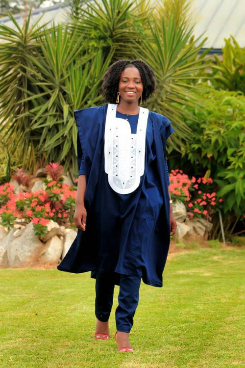 Agbada Blue & White Embroidery Suit