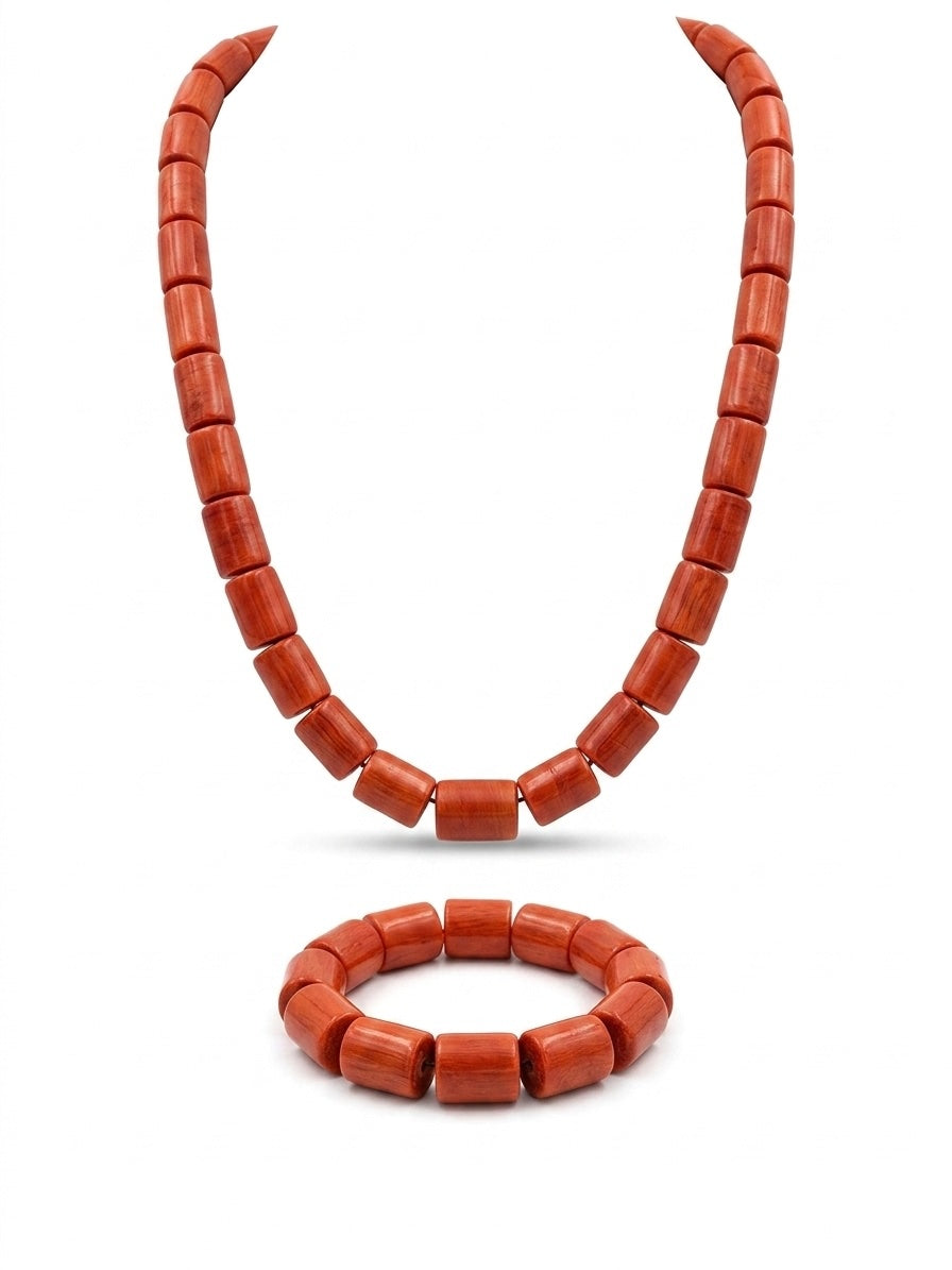 Men’s Nigerian Coral Bead Necklace and Bracelet Set – Traditional Statement Jewellery