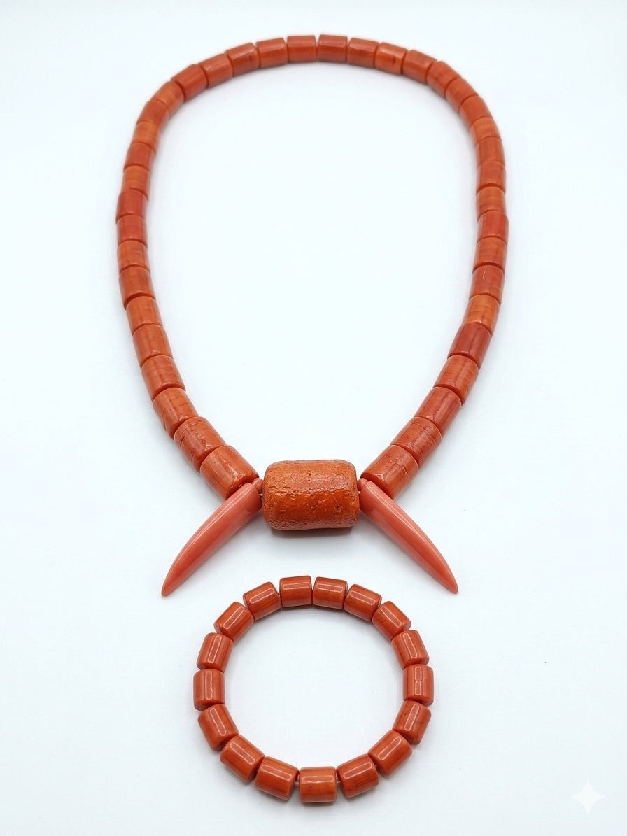 Men’s Nigerian Coral Bead Necklace and Bracelet Set with Pendant – Traditional Jewellery
