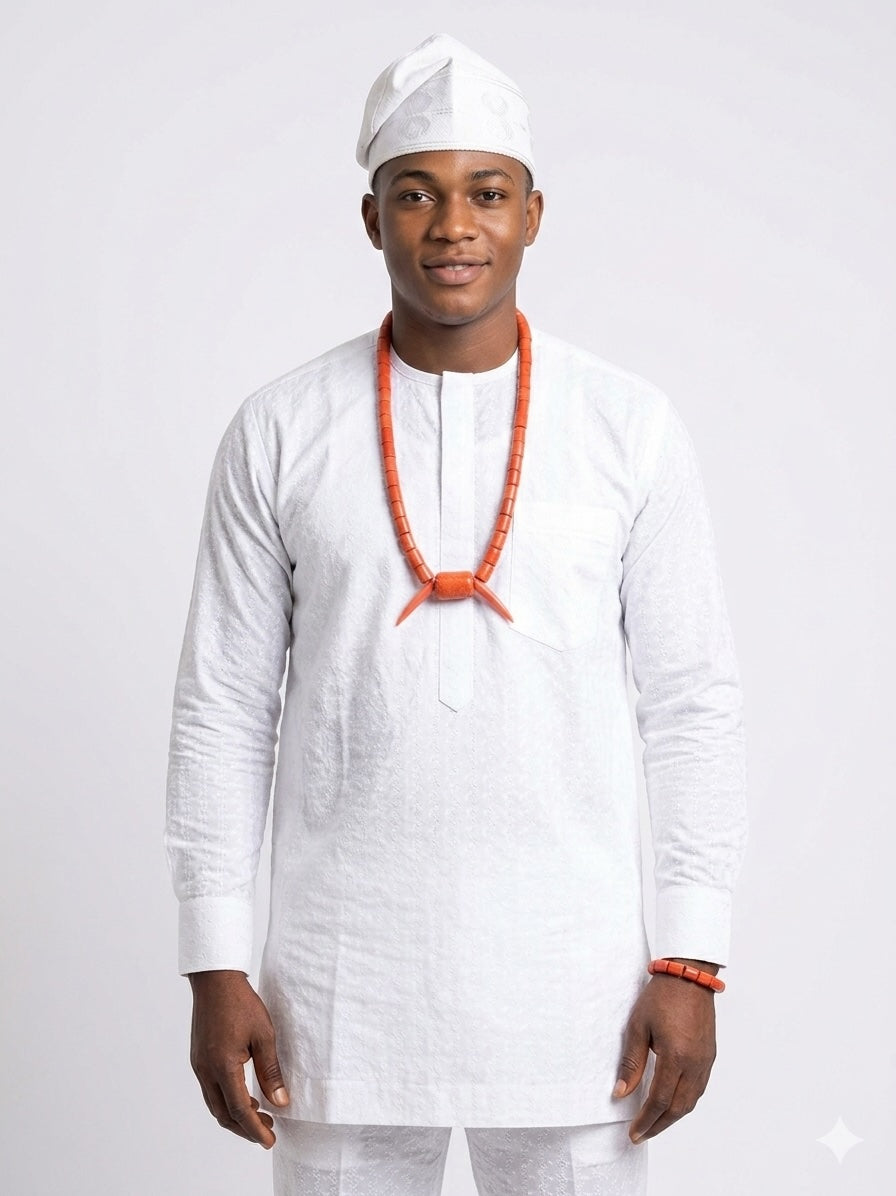 Men’s Nigerian Coral Bead Necklace and Bracelet Set with Pendant – Traditional Jewellery