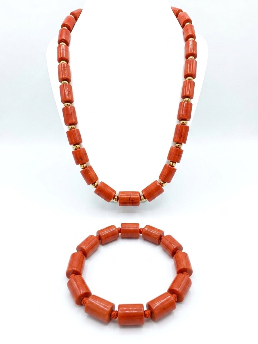 Men’s Nigerian Coral Bead Necklace and Bracelet Set with Gold Spacers
