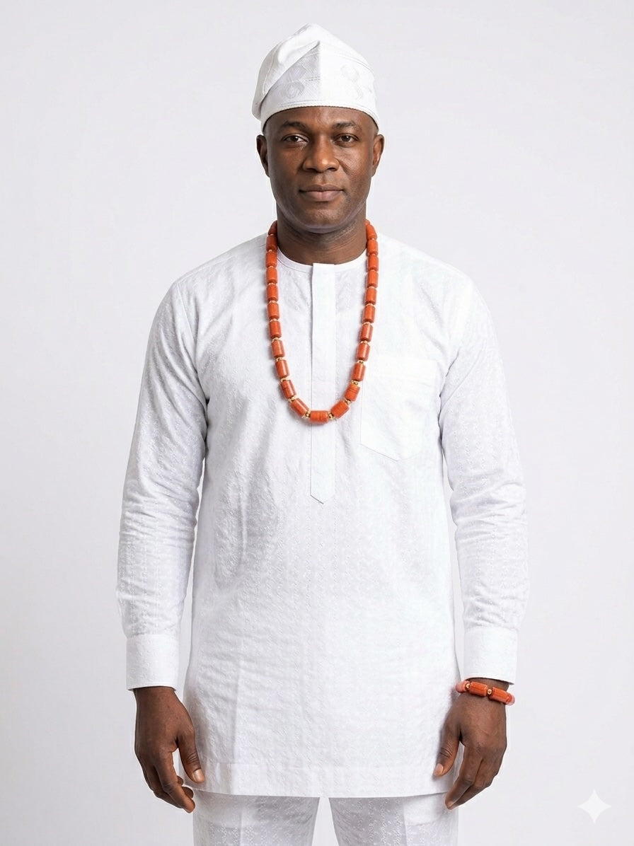 Men’s Nigerian Coral Bead Necklace and Bracelet Set with Gold Spacers