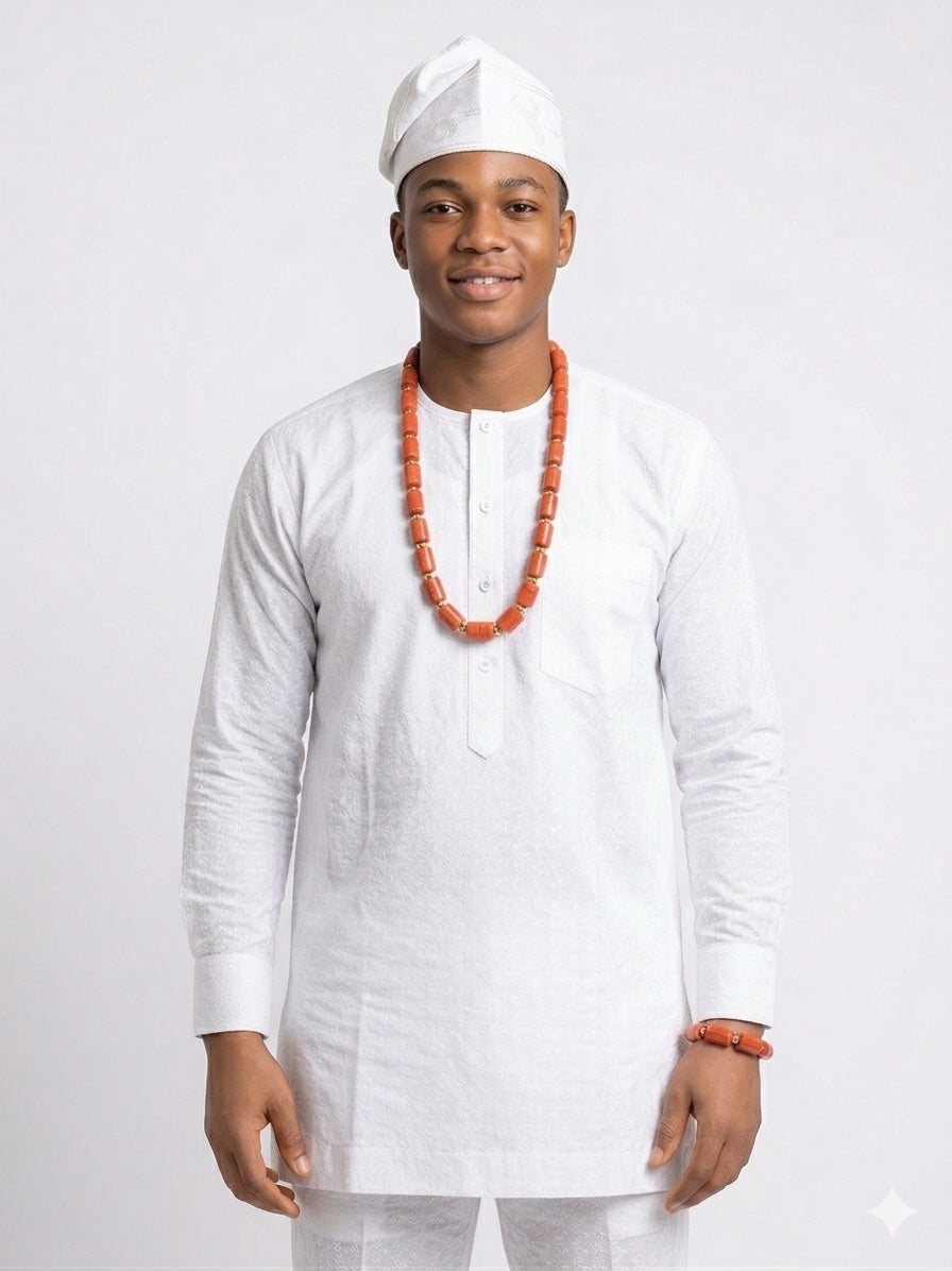 Men’s Nigerian Coral Bead Necklace and Bracelet Set with Gold Spacers
