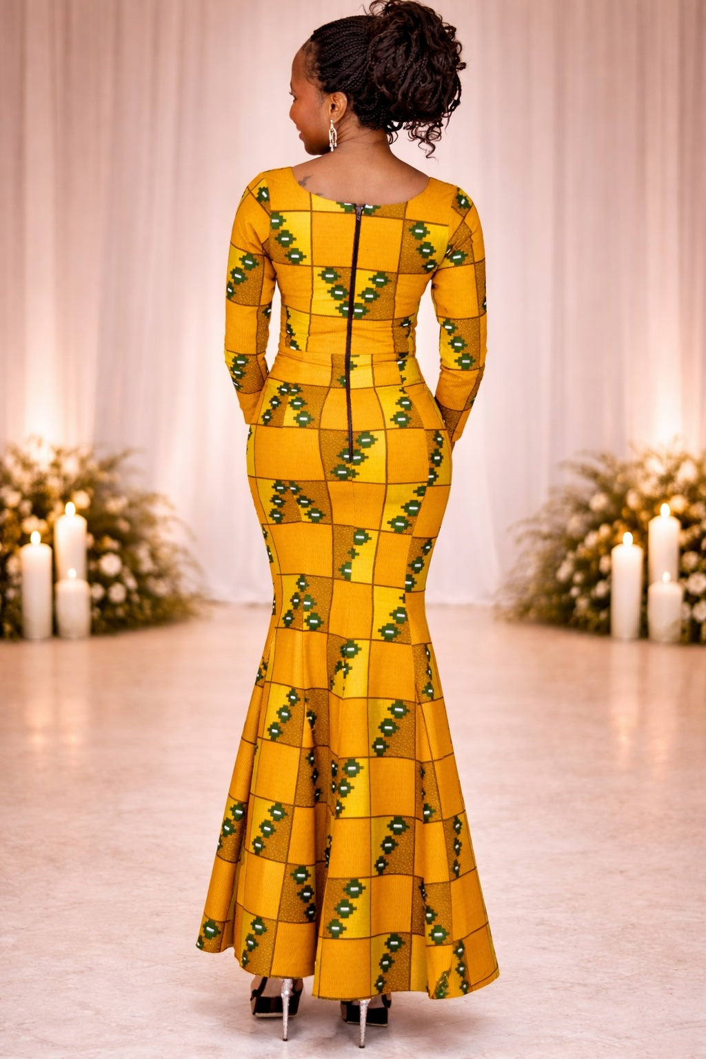 Mustard Yellow Check Ankara Mermaid Silhouette Dress