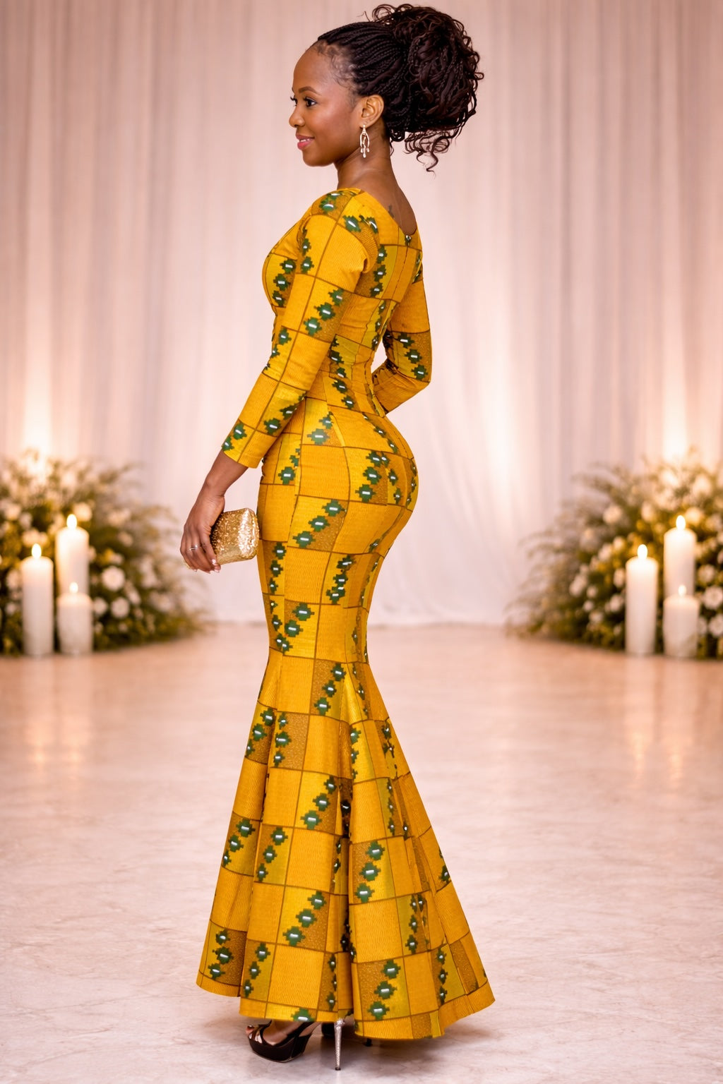 Mustard Yellow Check Ankara Mermaid Silhouette Dress