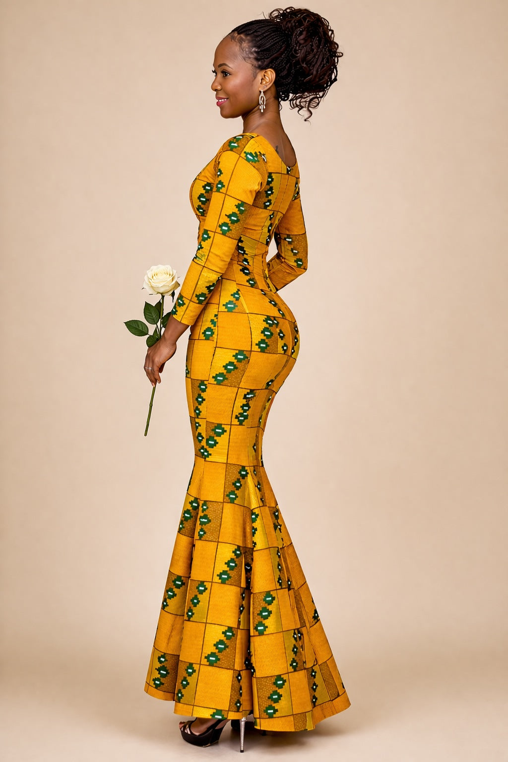 Mustard Yellow Check Ankara Mermaid Silhouette Dress