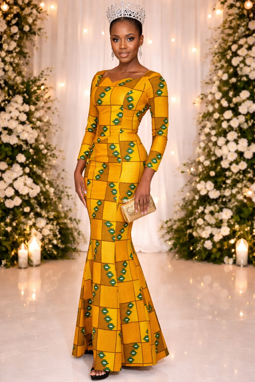 Mustard Yellow Check Ankara Mermaid Silhouette Dress