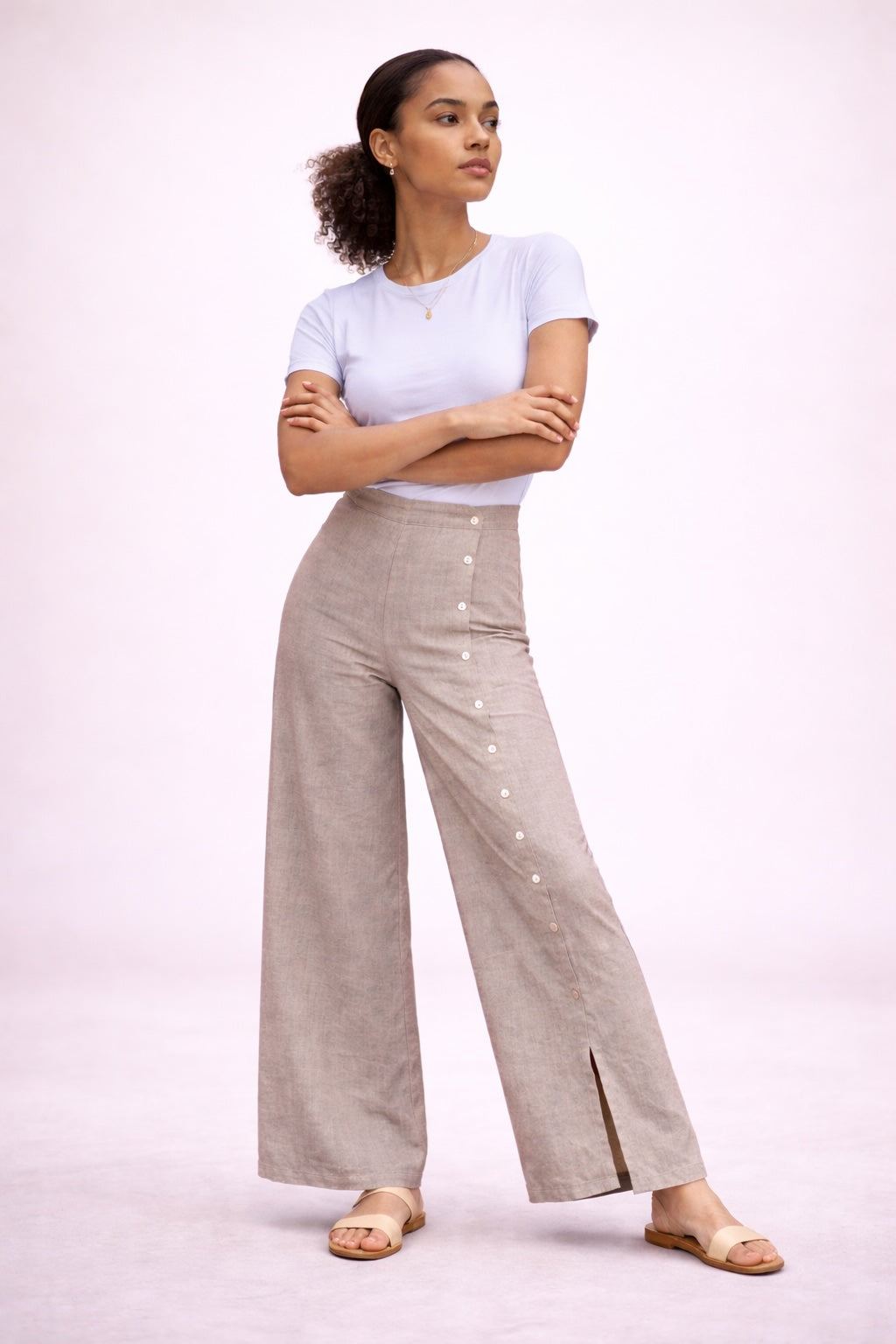 Women’s Button Detail Wide Leg Linen Blend Trousers