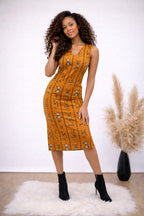 African Print Sleeveless Midi Dress – Mustard Tribal Pattern