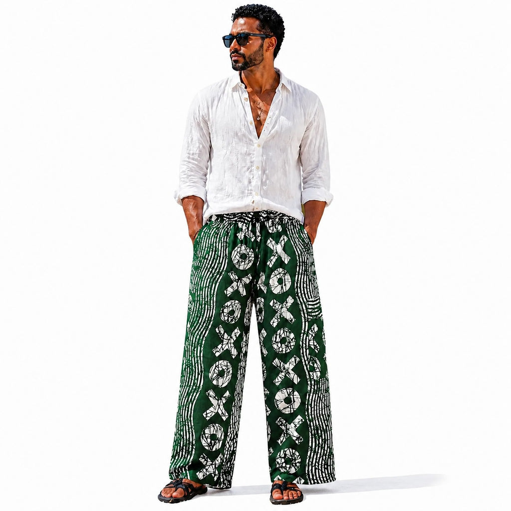 Men’s African Print Wide-Leg Trousers – Green & White
