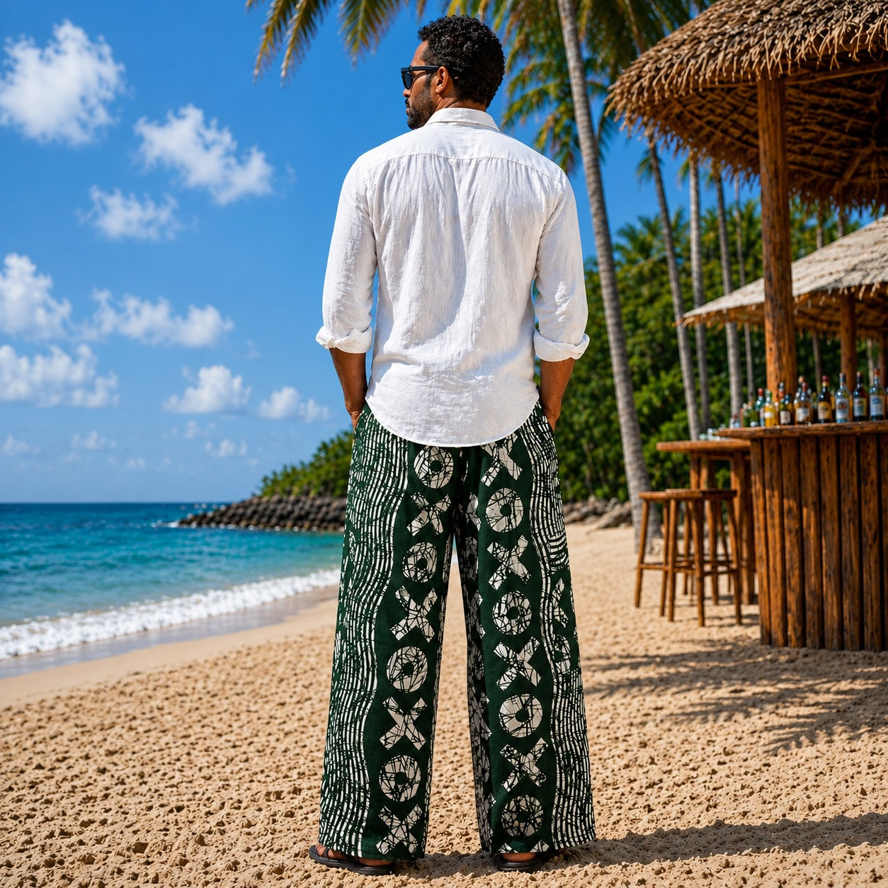 Men’s African Print Wide-Leg Trousers – Green & White