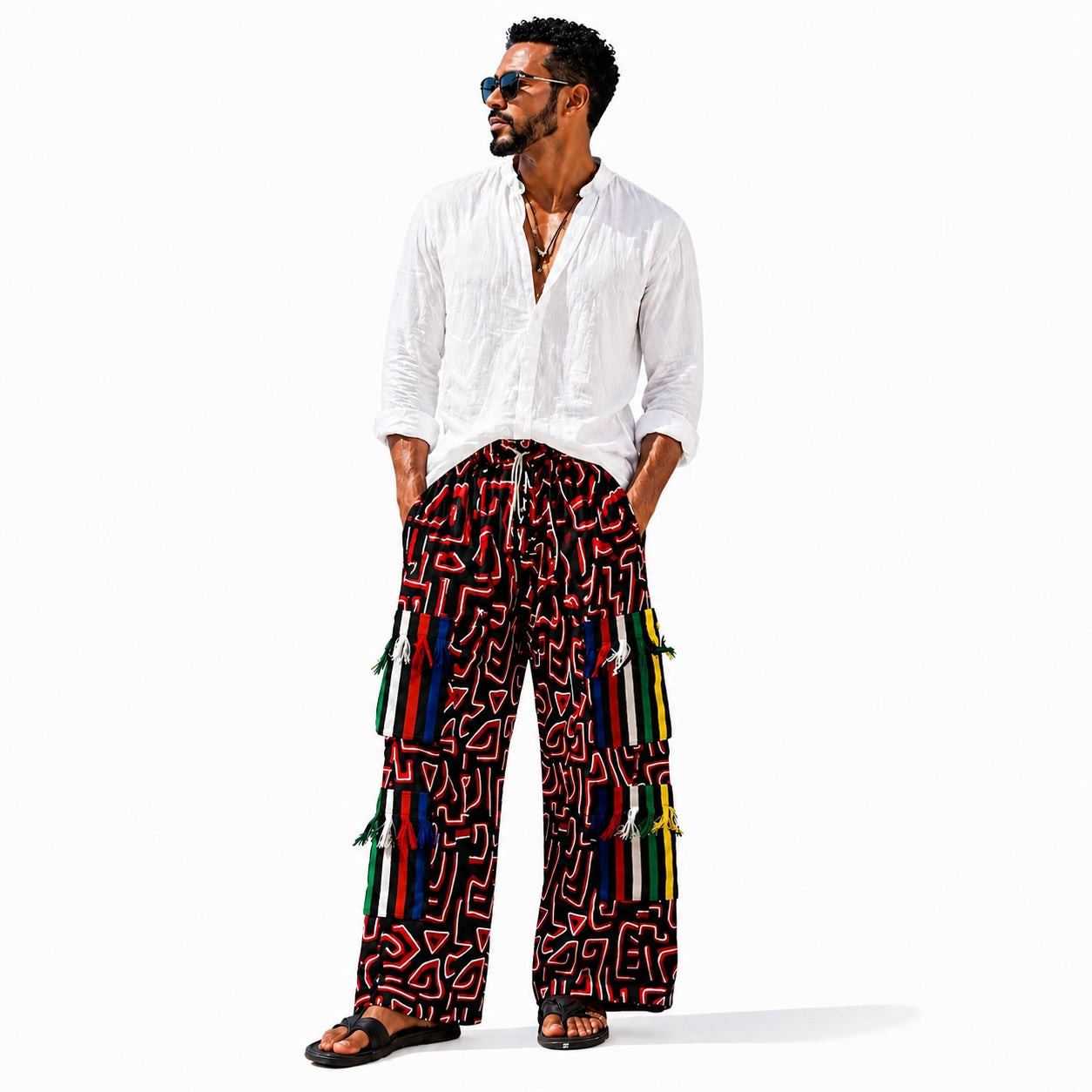 Men’s African Print Wide-Leg Trousers – Red & Multicolour
