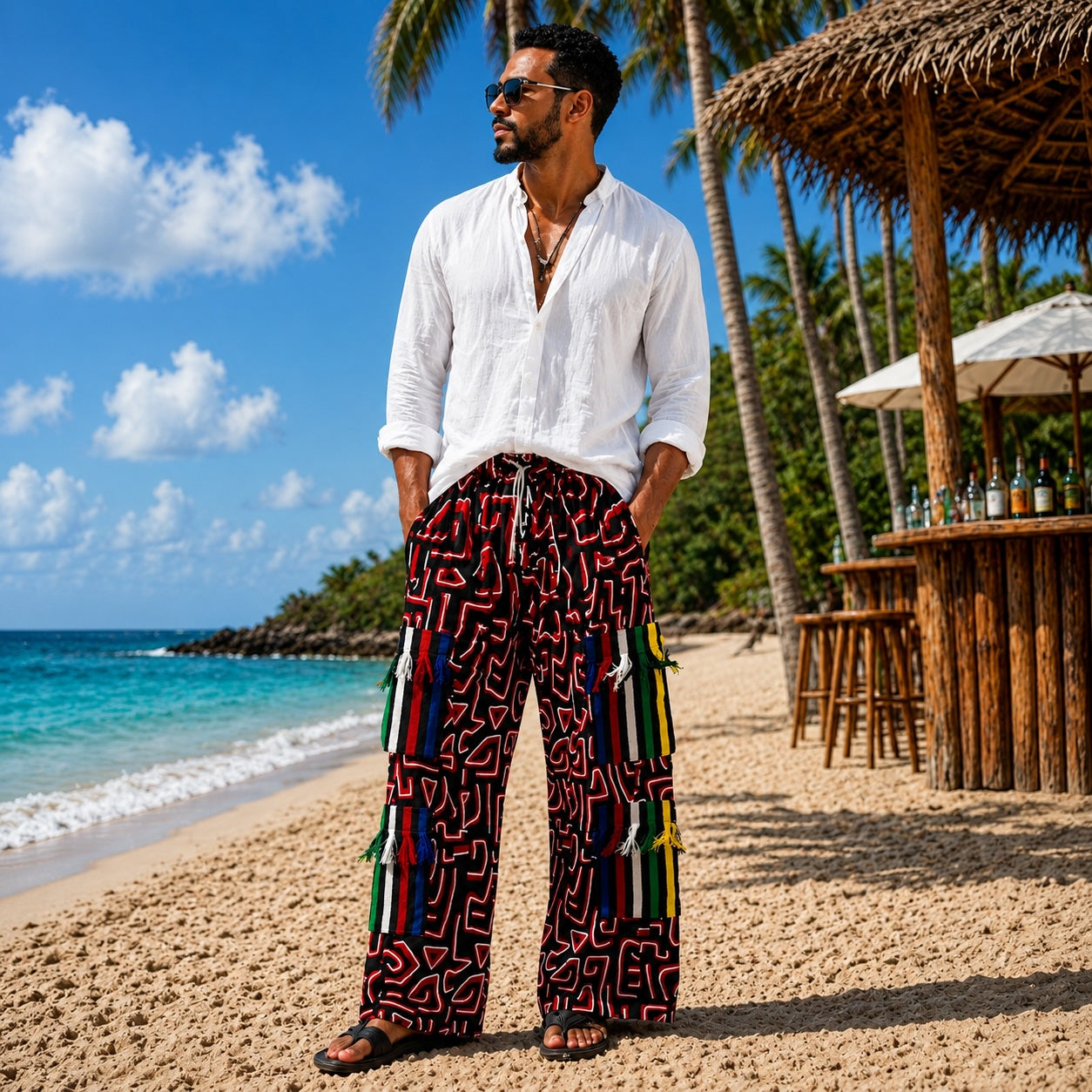Men’s African Print Wide-Leg Trousers – Red & Multicolour