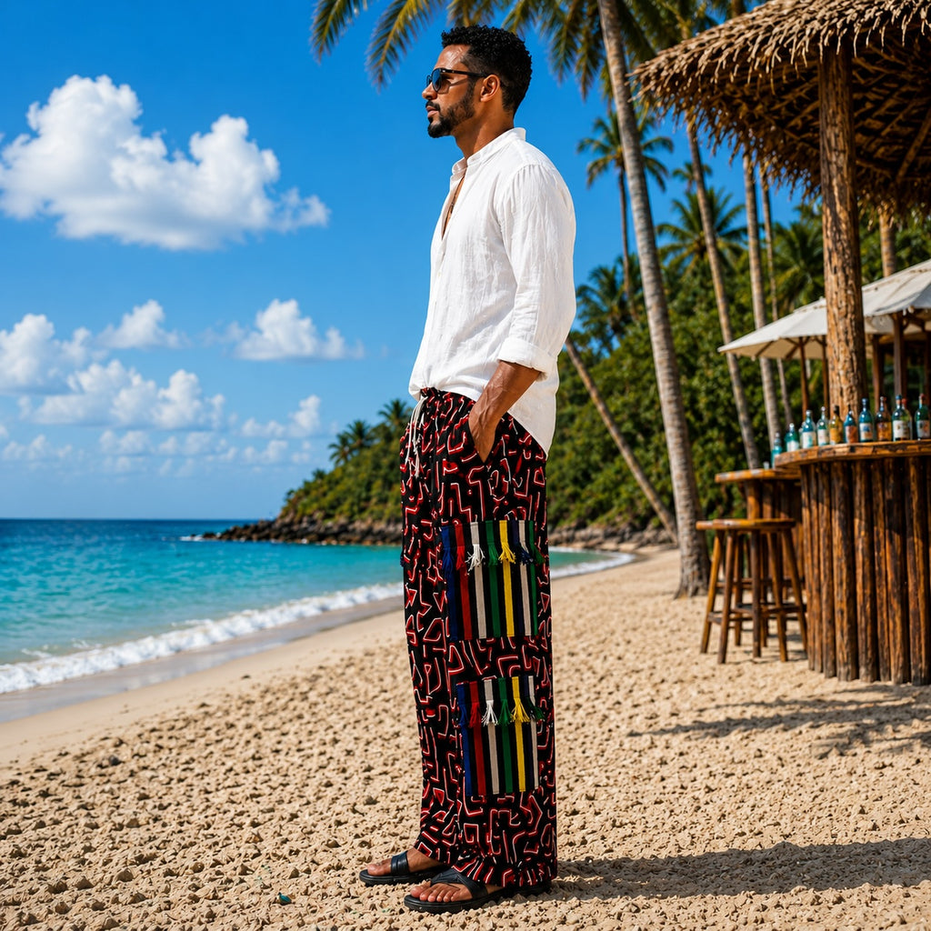 Men’s African Print Wide-Leg Trousers – Red & Multicolour