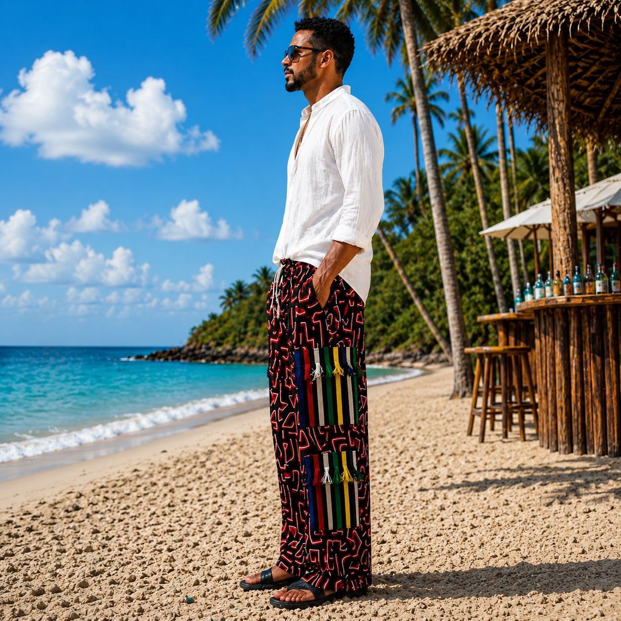 Men’s African Print Wide-Leg Trousers – Red & Multicolour