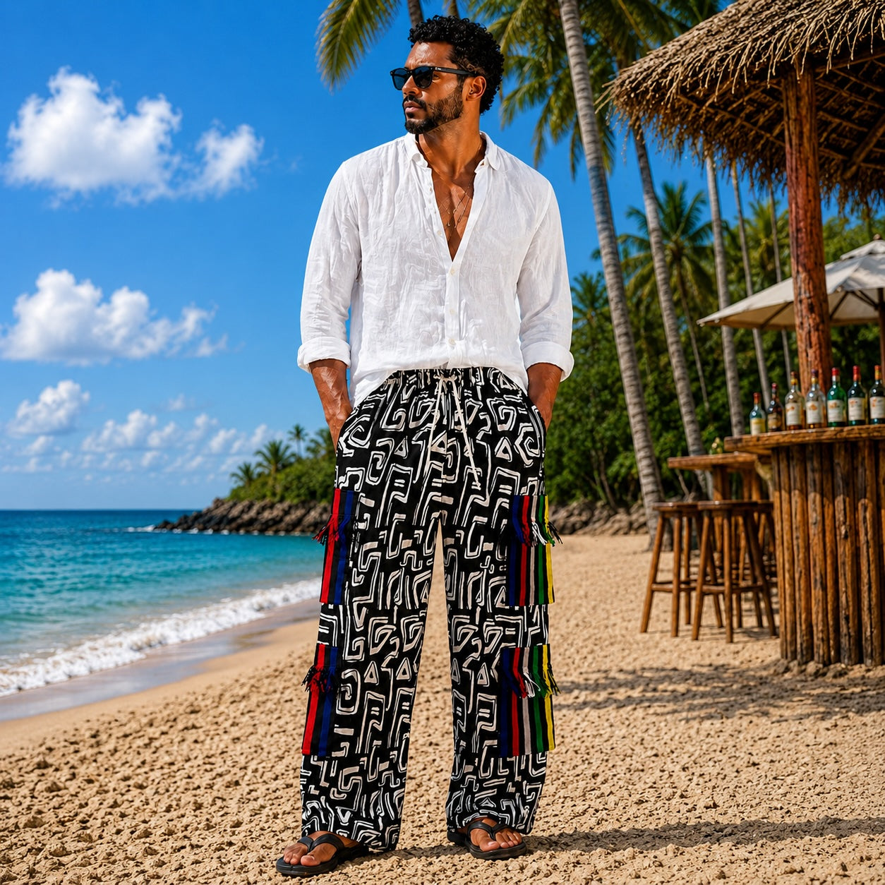 Men’s African Print Wide-Leg Trousers – Black & White
