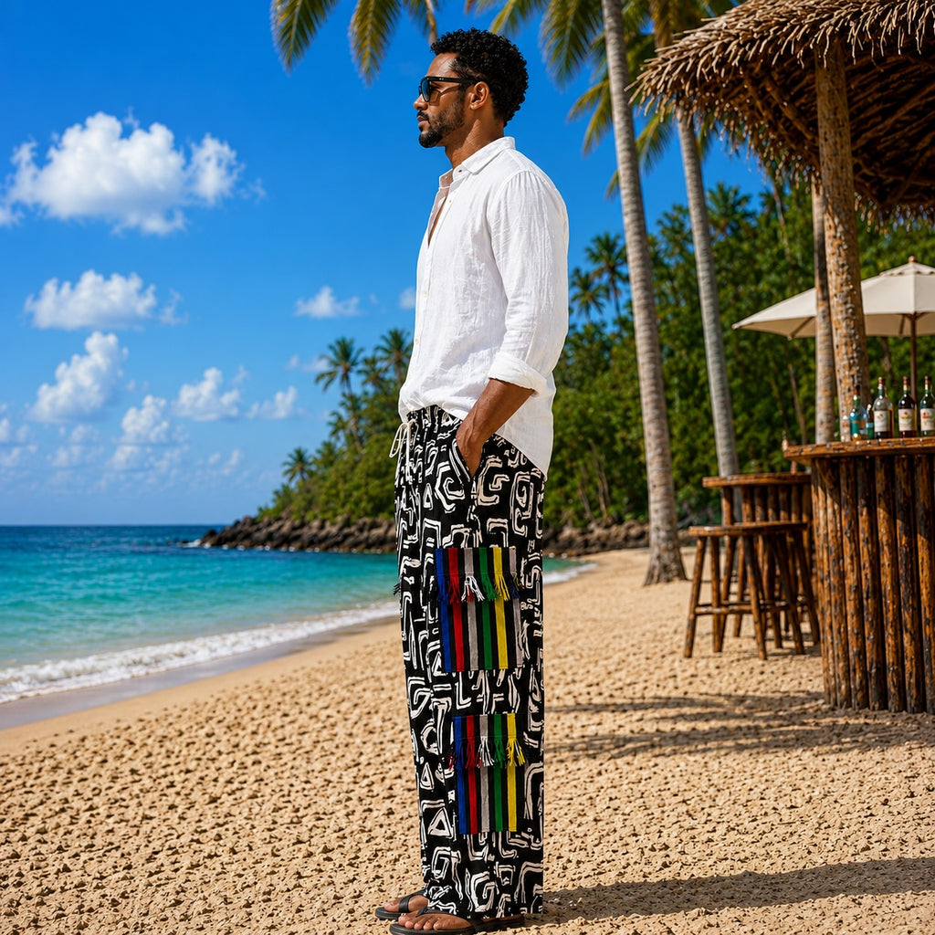 Men’s African Print Wide-Leg Trousers – Black & White