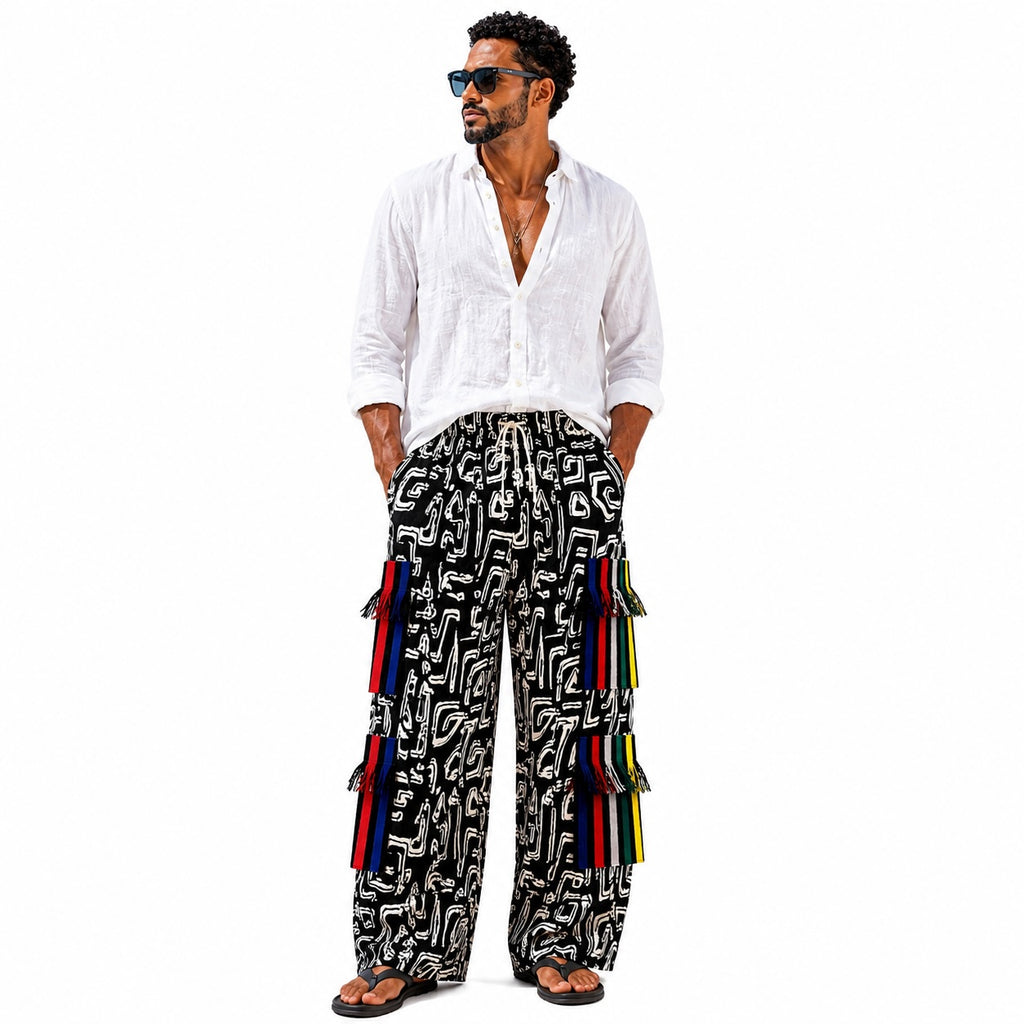 Men’s African Print Wide-Leg Trousers – Black & White