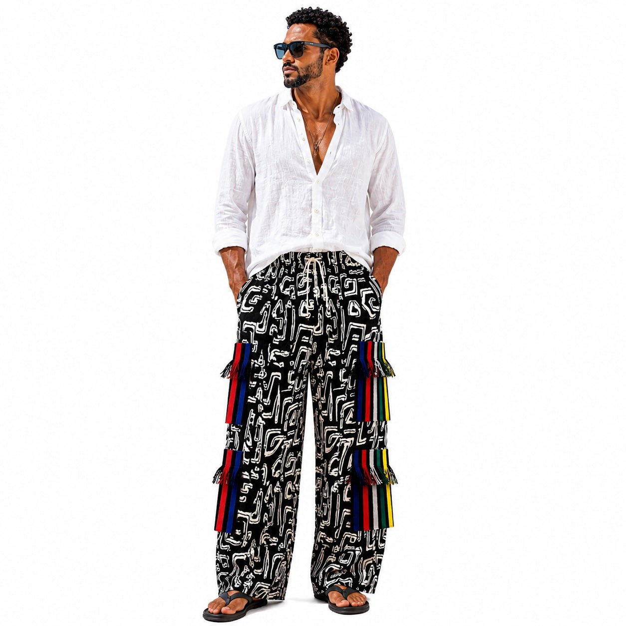Men’s African Print Wide-Leg Trousers – Black & White