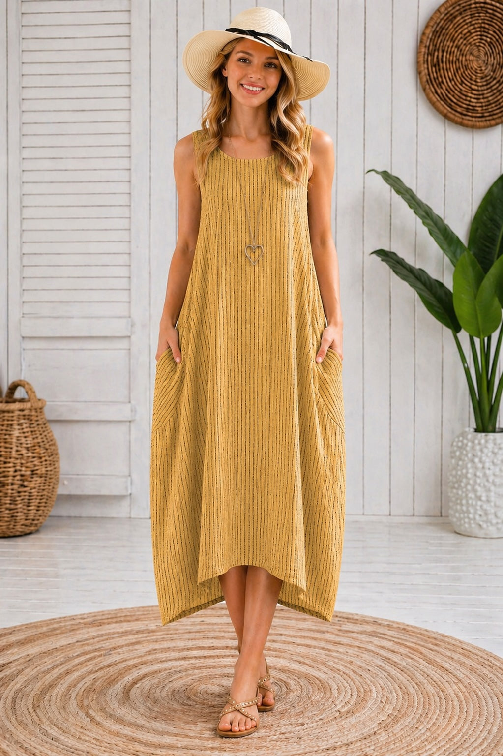 Women’s Stripy Cotton Sleeveless Dress – One Size Up to UK 18