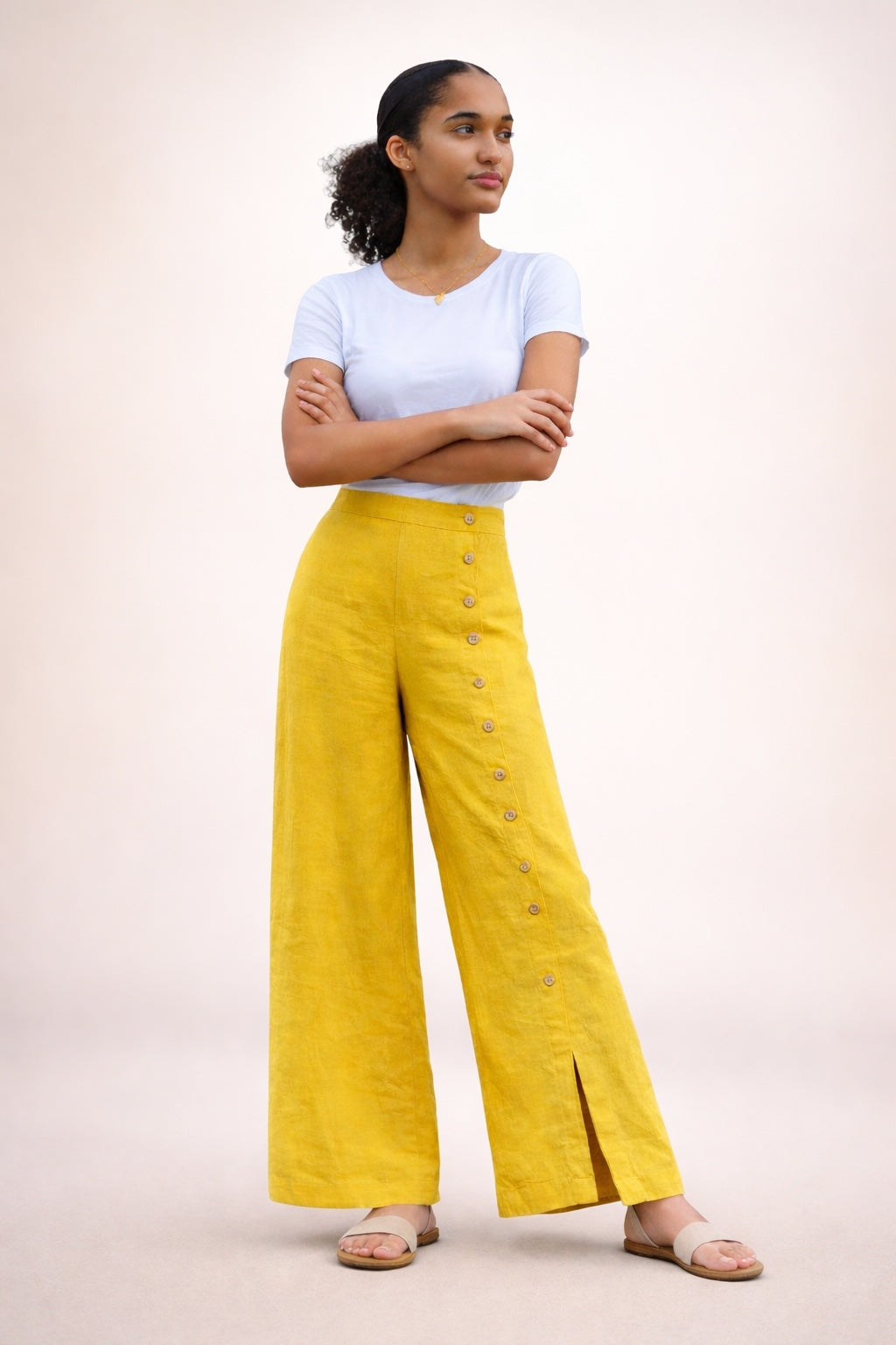 Women’s Button Detail Wide Leg Linen Blend Trousers